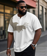 Men's Plus Size White Silhouette Eagle Print Henley Collar Button Short Sleeve Tee